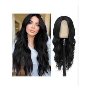 NAYOO Long Wavy Wig Natural Black 26 Inch Synthetic Heat Resistant Middle Part
